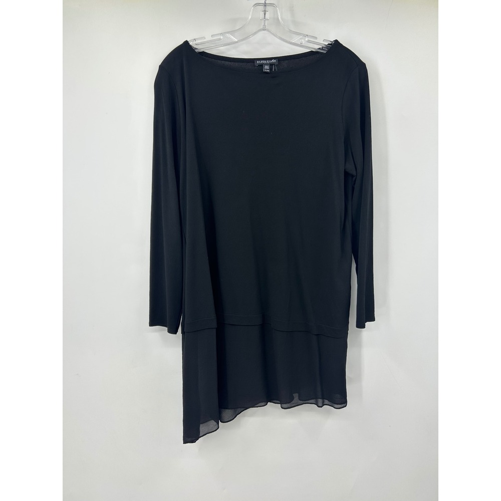 Eileen Fisher Petite Black Silk Layered Asymmetric Hem Tunic Top Petite Large